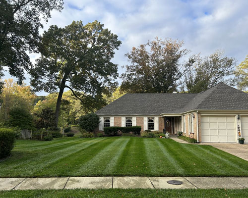 A single-story brick house with a neatly manicured lawn and a driveway leading to a single-car garage. Tall trees surround the property, and the sky is partly cloudy.